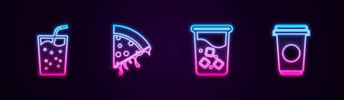 Bardağı suyla, bir dilim pizzayla ve kahve bardağıyla doldurun. Parlayan neon ikonu. Vektör.