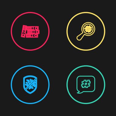 Satırı ayarla. Virüsü, bakteriyi, hashtag konuşma balonunu, mikroorganizmaları büyüteç ve ofis dizinleri simgesi altında ayarla. Vektör.