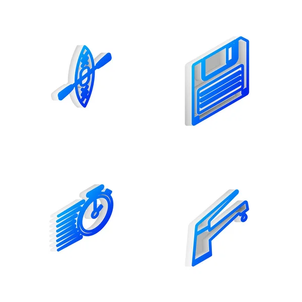 Nastavte Disketu Isometric Line Kajak Pádlo Ikonu Stopwatch Vodní Kohoutek — Stockový vektor
