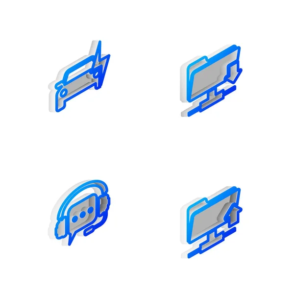 Définir Isometric Ligne Ftp Dossier Télécharger Voiture Électrique Casques Avec — Image vectorielle