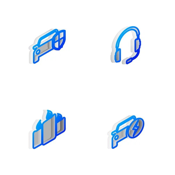 Set Isometric Line Kopfhörer Mit Mikrofon Auto Schutz Oder Versicherung — Stockvektor