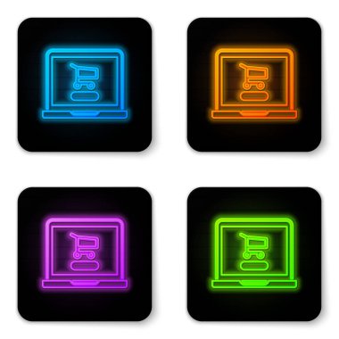 Ekran dizüstü bilgisayarında parlayan neon alışveriş arabası beyaz arkaplanda izole edilmiş. Konsept e-ticaret, e-ticaret, online iş pazarlama. Siyah kare düğme. Vektör İllüstrasyonu.