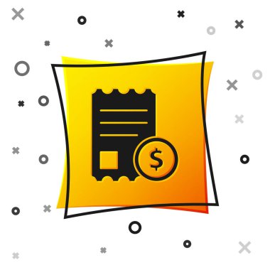 Siyah kağıt kontrolü ve mali kontrol simgesi beyaz arka planda izole edildi. Kağıt baskı çeki, makbuz ya da fatura. Sarı kare düğme. Vektör İllüstrasyonu.