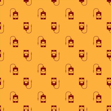 Kırmızı serum torbasının ikonu kahverengi arka planda izole edilmiş pürüzsüz desen. Kan torbası. Kan bağışı konsepti. Tedavi ve terapi kavramı, kemoterapi. Vektör İllüstrasyonu.