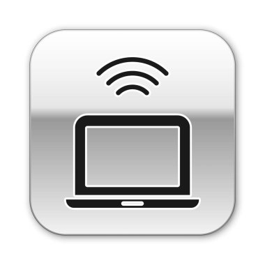 Beyaz arkaplanda siyah kablosuz dizüstü bilgisayar simgesi izole edildi. İnternet kavramının kablosuz bağlantısı. Gümüş kare düğme. Vektör.