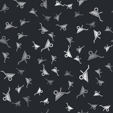 Gri El Arabası simgesi siyah arka planda kusursuz desen izole etti. Alet edevat. Tarım arabası tekerlek çiftliği. Vektör.