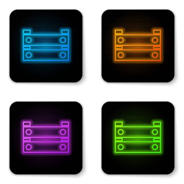 Parlayan neon ahşap kutu simgesi beyaz arkaplanda izole edildi. Market sepeti, depo sandığı. Sebzeler ve ürünler için boş ahşap kap. Siyah kare düğme. Vektör.