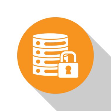 Beyaz arkaplanda kapalı asma kilit simgesine sahip Beyaz Sunucu güvenliği. Güvenlik, güvenlik, koruma kavramı. Turuncu daire düğmesi. Vektör.