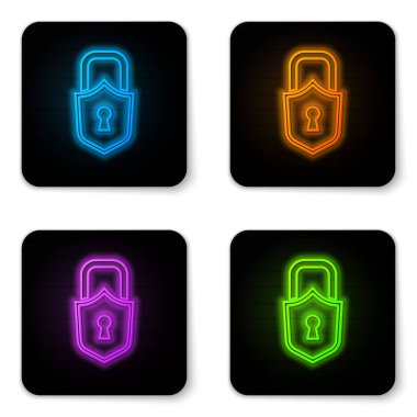 Parlayan neon kilidi simgesi beyaz arkaplanda izole edildi. Asma kilit işareti. Güvenlik, güvenlik, koruma, gizlilik kavramı. Siyah kare düğme. Vektör.