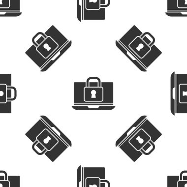 Gri dizüstü bilgisayar ve kilit simgesi beyaz arka planda izole edilmiş. Bilgisayar ve asma kilit. Güvenlik, güvenlik, koruma kavramı. Güvenli bir ağ. Vektör.