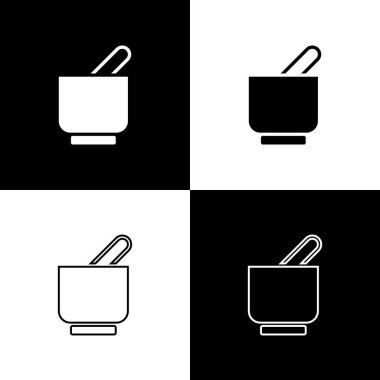 Havan topu ve tokmak simgesini siyah ve beyaz arkaplanda izole et. Vektör.