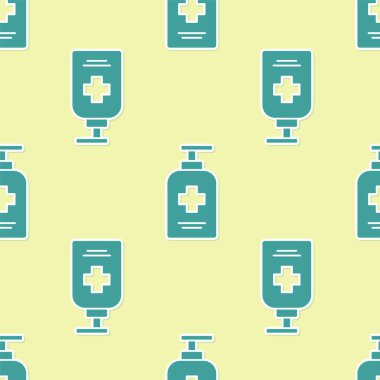 Yeşil şişe antibakteriyel sabun, sarı arkaplanda izole edilmiş ikon. Antiseptik. Dezenfeksiyon, hijyen, cilt bakımı. Vektör..