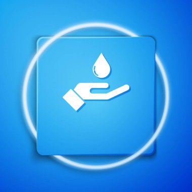 Mavi arka planda sabun ikonu olan beyaz yıkama elleri. Virüs ve bakterileri önlemek için ellerini sabunla yıkıyorsun. Mavi kare düğme. Vektör..