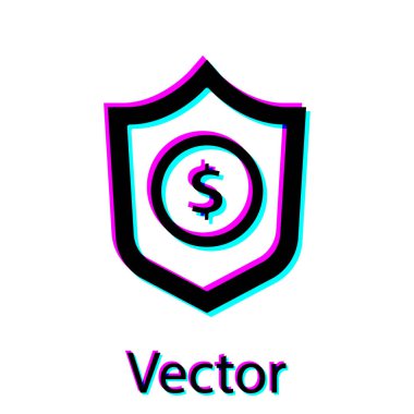 Beyaz arka planda dolar sembolü olan Siyah Kalkan. Güvenlik kalkanı koruması. Para güvenliği konsepti. Vektör..