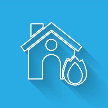 Yanan ev ikonundaki beyaz çizgi uzun gölgeli ateş. Sigorta konsepti. Güvenlik, güvenlik, koruma, konsept koruma. Vektör..