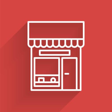 Beyaz çizgili alışveriş binası veya market simgesi uzun gölgeli izole edilmiş. Dükkan inşaatı. Vektör İllüstrasyonu.