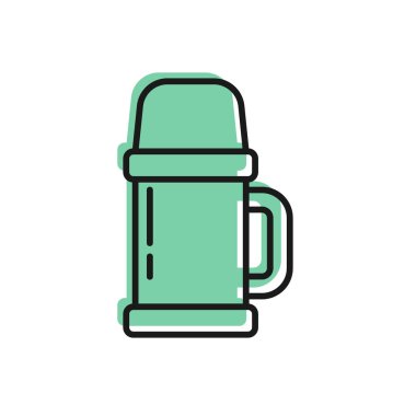 Beyaz arka planda siyah çizgi termos konteynır simgesi izole edildi. Termo matara ikonu. Kamp ve yürüyüş ekipmanları. Vektör İllüstrasyonu.