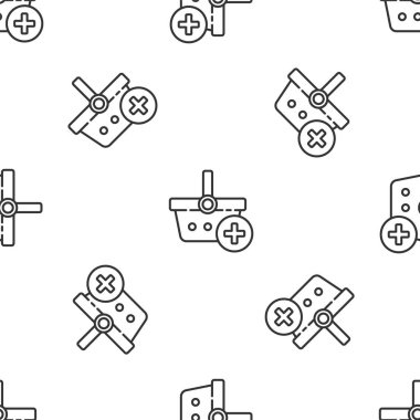 Gri çizgi Alışveriş sepeti simgesine ekle beyaz arka planda izole edilmiş pürüzsüz desen. İnternetten satın alma konsepti. Teslimat servisi. Süpermarket sepeti sembolü. Vektör İllüstrasyonu.