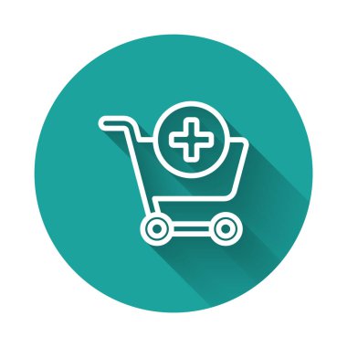 Beyaz çizgi Alışveriş Arabası simgesine uzun gölgeli olarak ekleyin. İnternetten satın alma konsepti. Servis tabelası. Süpermarket sepeti sembolü. Yeşil daire düğmesi. Vektör İllüstrasyonu.