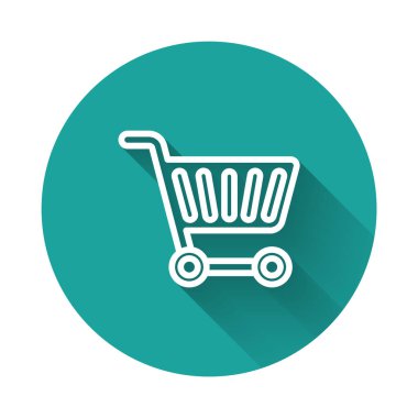 Uzun gölgeli beyaz çizgi alışveriş arabası ikonu. İnternetten satın alma konsepti. Servis tabelası. Süpermarket sepeti sembolü. Yeşil daire düğmesi. Vektör İllüstrasyonu.