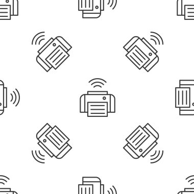 Gri çizgi Akıllı yazıcı sistemi simgesi beyaz arkaplanda kusursuz desen izole etti. İnternet kavramının kablosuz bağlantısı. Vektör.