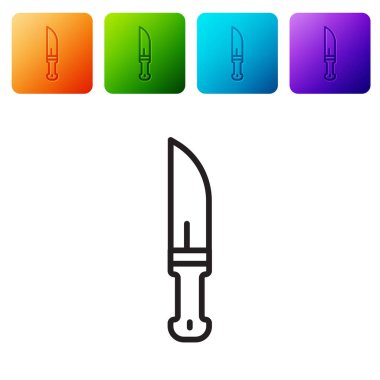 Beyaz arka planda siyah çizgi Hunter bıçak ikonu izole edildi. Ordu bıçağı. Renkli kare düğmelerle simgeleri ayarla. Vektör.