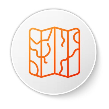 Turuncu çizgi katlanmış harita simgesi beyaz arkaplanda izole edildi. Beyaz daire düğmesi. Vektör.