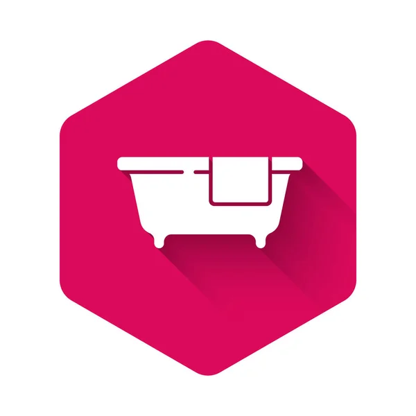 White Bathtub Icon Isolated Long Shadow Pink Hexagon Button Vector — Stock Vector