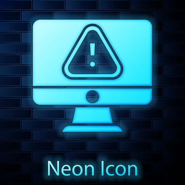 Gloeiende Neon Computer Monitor Met Uitroepteken Pictogram Geïsoleerd Bakstenen Muur — Stockvector