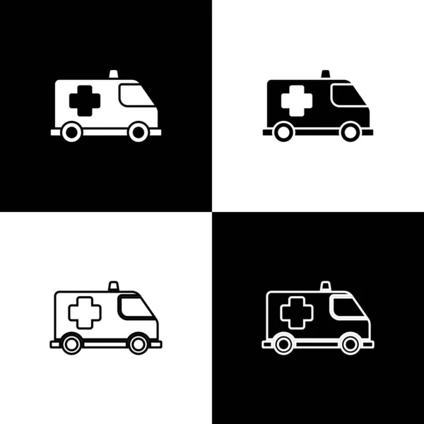 Set Ambulance Und Notarztwagen Symbol Isoliert Auf Schwarz Weißem Hintergrund — Stockvektor