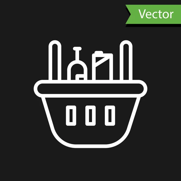 Linha Branca Cesta Compras Ícone Comida Isolado Fundo Preto Loja — Vetor de Stock