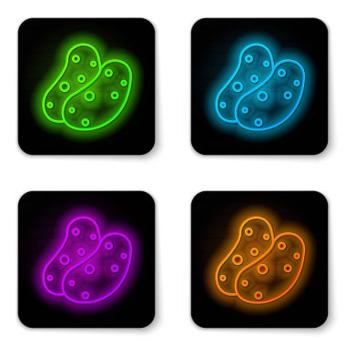 Parlayan neon hattı, beyaz arkaplanda izole edilmiş Patates ikonu. Siyah kare düğme. Vektör.