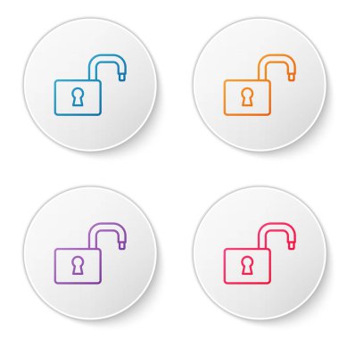 Renk çizgisi Açık asma kilit simgesi beyaz arkaplanda izole edildi. Kilit açık işareti. Siber güvenlik kavramı. Dijital veri koruması. Simgeleri daire düğmelerine ayır. Vektör.