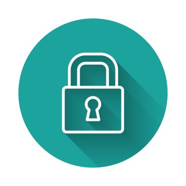 Beyaz çizgi kilidi simgesi uzun gölgeyle izole edildi. Asma kilit işareti. Güvenlik, güvenlik, koruma, gizlilik kavramı. Yeşil daire düğmesi. Vektör.