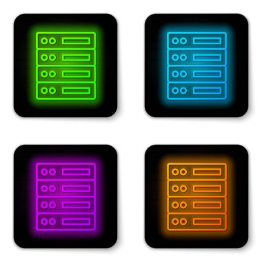 Parlayan neon hattı Sunucu, Data, Web sunucu simgesi beyaz arkaplanda izole edildi. Siyah kare düğme. Vektör.