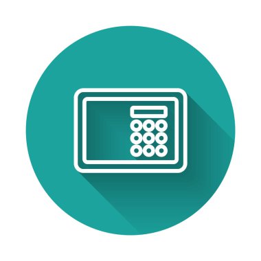 Beyaz çizgi güvenli simgesi uzun gölgeli. Kapı, şifreli bir banka kasası. Güvenilir Veri Koruma. Yeşil daire düğmesi. Vektör.