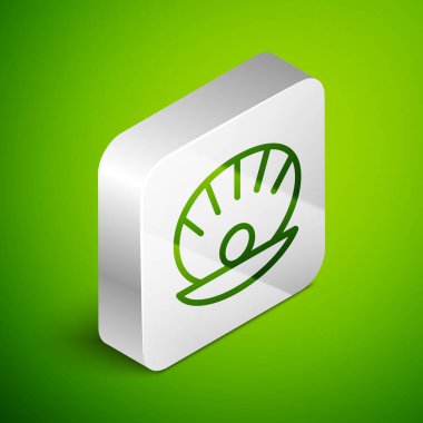 Yeşil zemin üzerinde inci simgesi olan doğal açık kabuk. Deniz kabuğu kabuğu. Deniz kabuğu işareti. Gümüş kare düğme. Vektör..