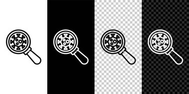 Büyüteç simgesi altındaki çizgi virüsü siyah beyaz arkaplanda izole et. Corona virüsü 2019-nCoV. Bakteriler, mikroplar, mantarlar. Vektör..