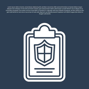 Mavi arkaplanda kalkan simgesi olan mavi çizgi belgesi. Sigorta konsepti. Güvenlik, güvenlik, koruma, konsept koruma. Vektör..