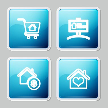 Evi olan alışveriş arabası, Kiralık Tabelayı, Ev Doları 'nı ve kalp şeklindeki ikonu hazırla. Vektör.