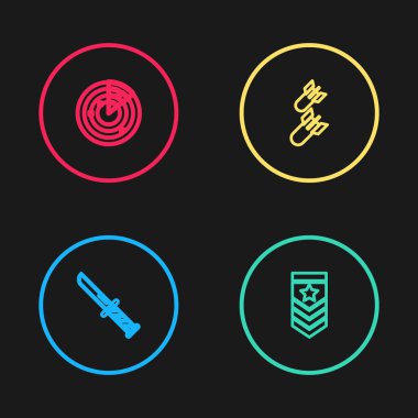 Askeri bıçak, Chevron, Havacılık bombası ve hedef ikonlu Radar ayarlayın. Vektör.