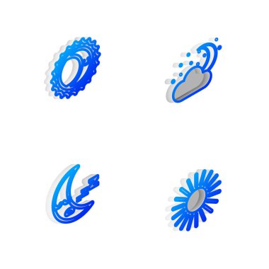 Aylı ve yıldızlı Isometric çizgi bulutunu, Güneş tutulmasını, Ay ikonunu ve Güneş ikonunu ayarla. Vektör.