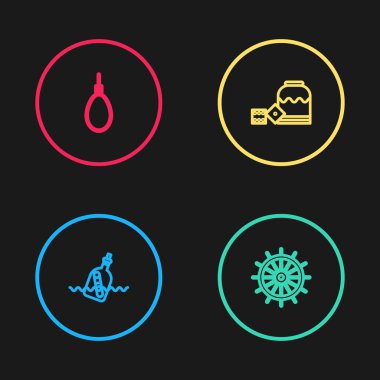 Su, direksiyon simidi, korsan oyun zarları ve darağacı halat ikonu içeren bir satır oluştur. Vektör.