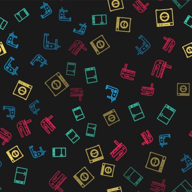 Hat elektrikli matkap, buzdolabı, çamaşır makinesi ve yapbozu kusursuz desene ayarlayın. Vektör.