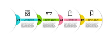 Mutfak makinesini, ofis masasını, masa lambasını ve buzdolabını ayarla. Ticari bilgi şablonu. Vektör.