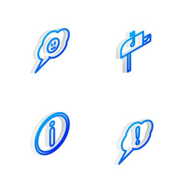 Isometric satırını açık posta kutusu, öfkeli gülümsemeli konuşma balonu, Bilgi ve Ünlem simgesini ayarla. Vektör.