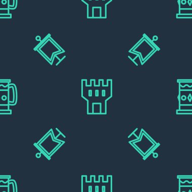 Kale kulesini, ortaçağ bayrağını ve tahta bardağı pürüzsüz desene göre ayarla. Vektör.