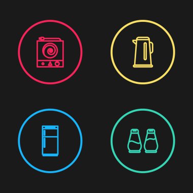 Buzdolabı, tuz ve biber, saplı kettle ve elektrikli soba ikonu. Vektör.