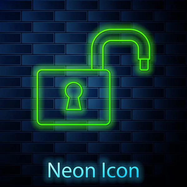 Zářící Neonová Čára Ikona Otevřeného Visacího Zámku Izolovaná Pozadí Cihlové — Stockový vektor