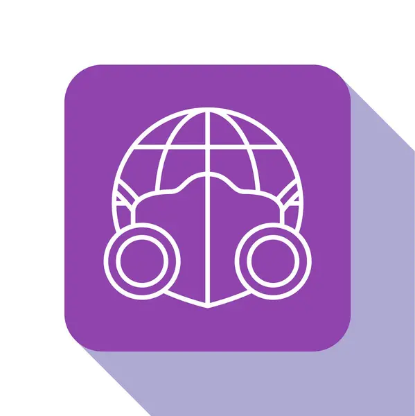 白い背景に隔離された医療用マスクアイコンを持つ白い線の地球の地球 紫の四角形のボタン ベクトル — ストックベクタ